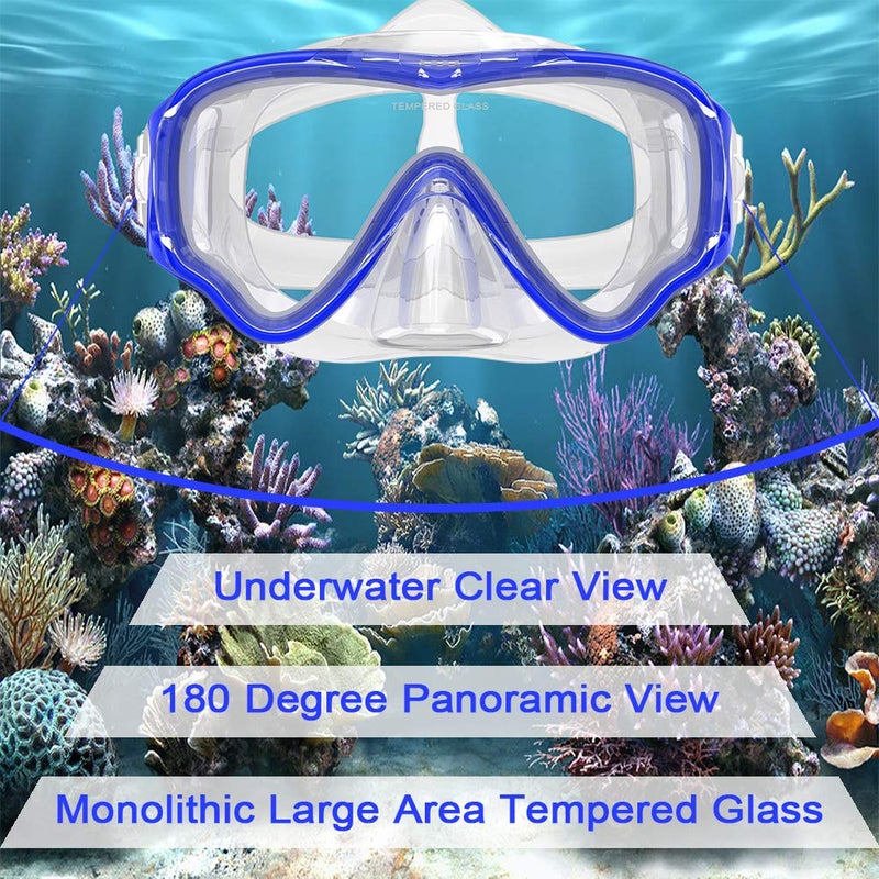 WACOOL Snorkeling Snorkel Diving Scuba Package Set Gear for Kids Youth Junior Anti-Fog Coated Glass with Silicon Mouth Piece Purge Valve and Anti-Splash (DarkBlue) - Image 2
